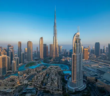 Dubai Marina skyline with yachts in the water